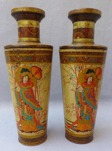 Pair oriental vase toleware biscuit tins early 20th century