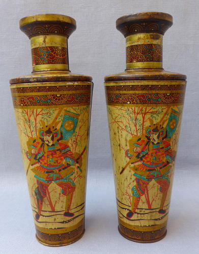 Pair oriental vase toleware biscuit tins early 20th century