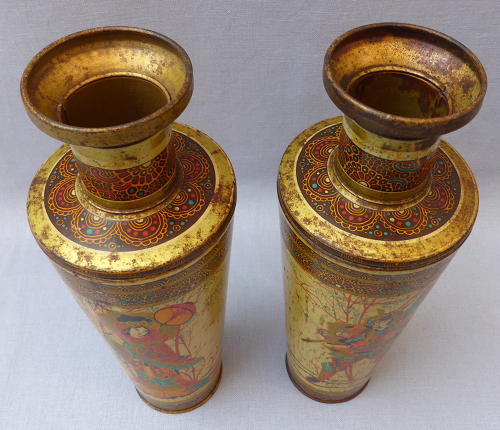 Pair oriental vase toleware biscuit tins early 20th century