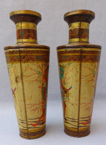 Pair oriental vase toleware biscuit tins early 20th century
