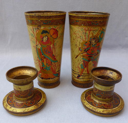 Pair oriental vase toleware biscuit tins early 20th century