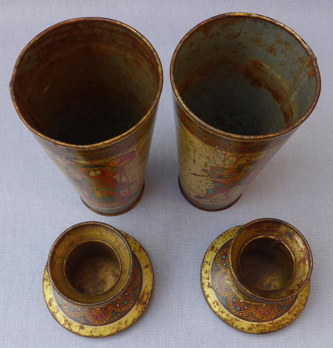 Pair oriental vase toleware biscuit tins early 20th century