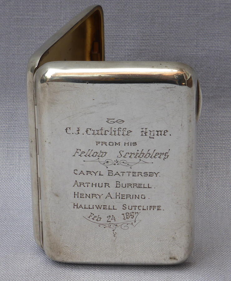 Silver cigarette case inscribed to C J Cutcliffe Hyne Chester 1895