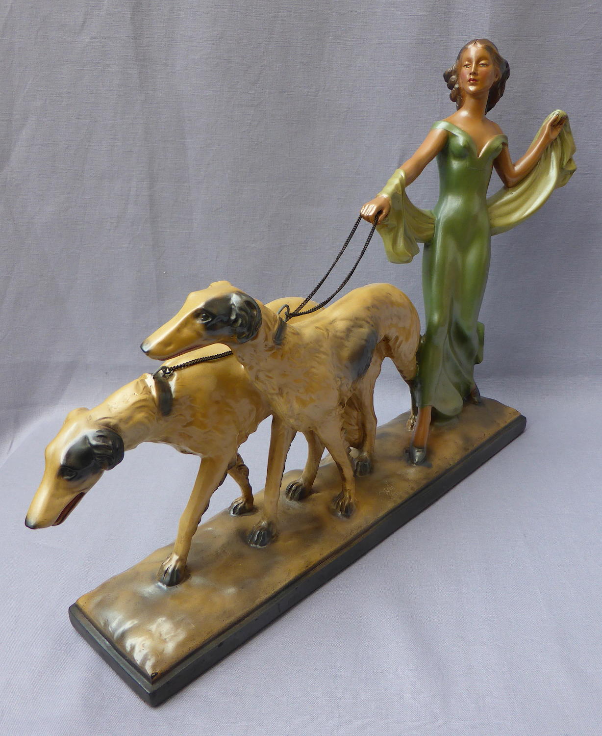 1930s Art Deco figure of woman with Borzoi dogs