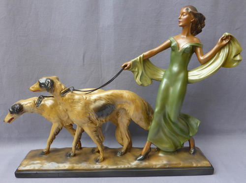 1930s Art Deco figure of woman with Borzoi dogs