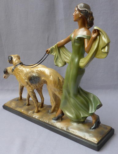 1930s Art Deco figure of woman with Borzoi dogs