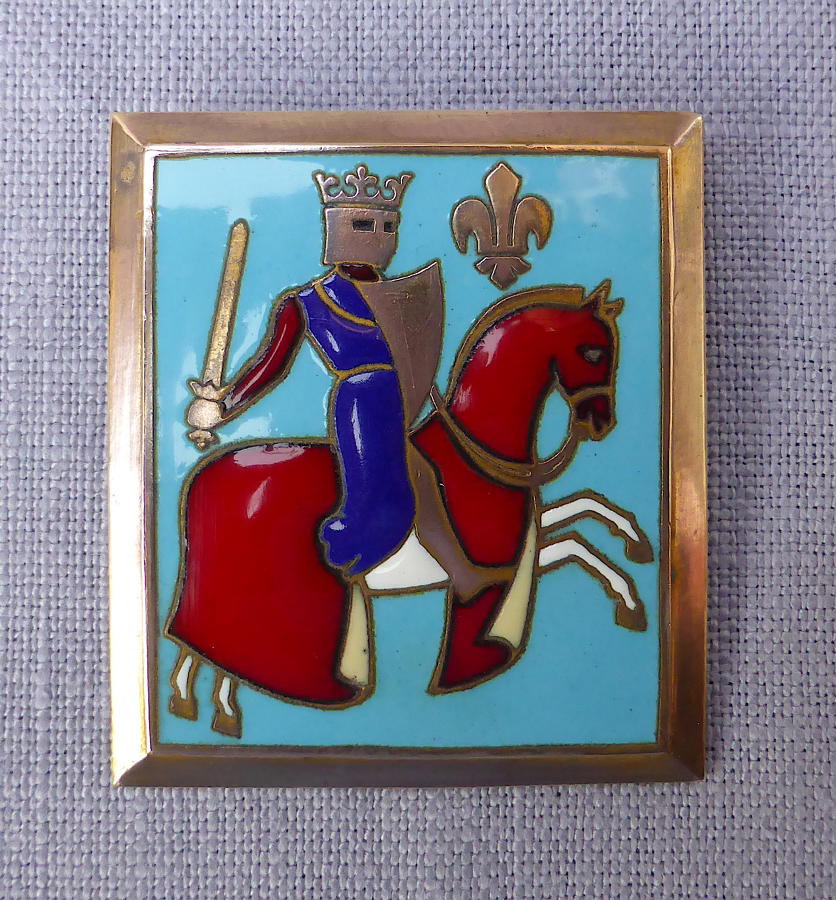 Enamelled French knight on horseback brooch by F Bouillot