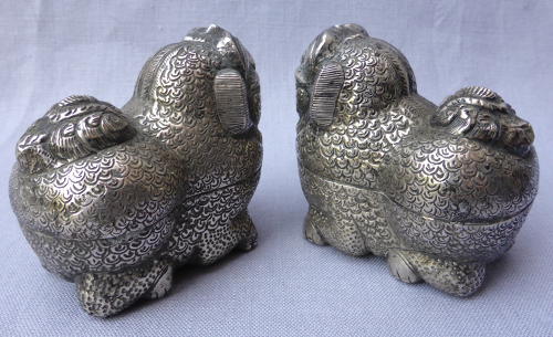 Pair of Cambodian silver Foo lion dog betel nut boxes