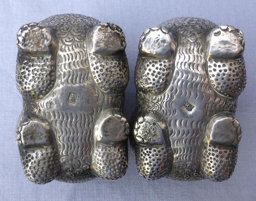 Pair of Cambodian silver Foo lion dog betel nut boxes