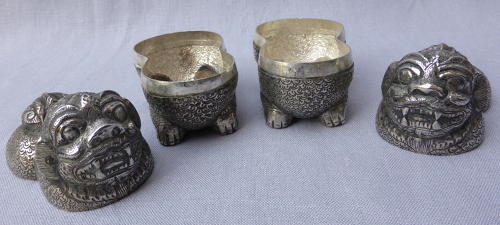 Pair of Cambodian silver Foo lion dog betel nut boxes