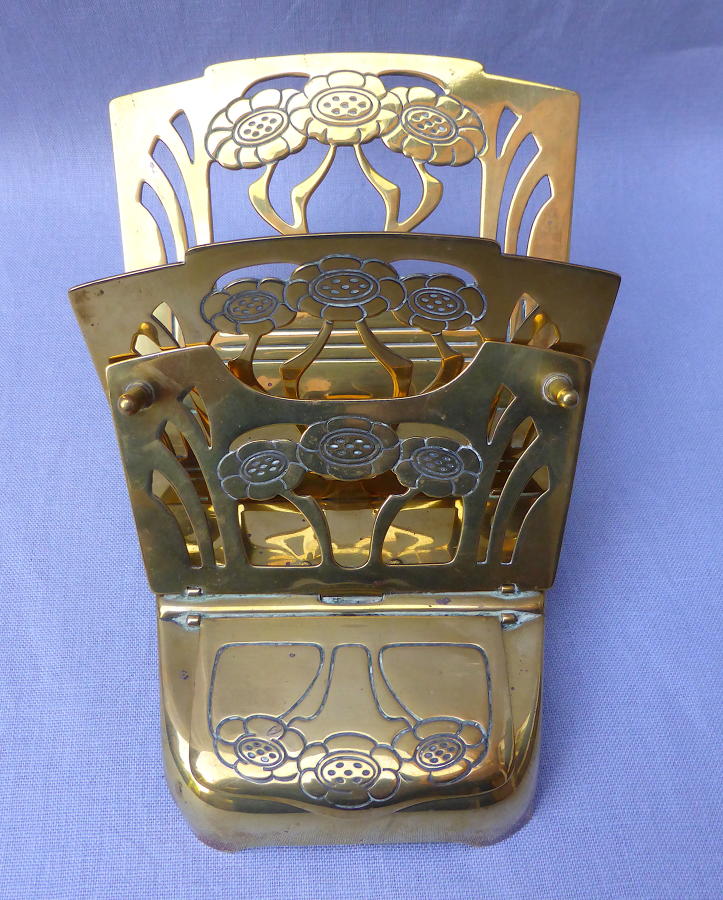 German Jugendstil brass letter holder with inkwell