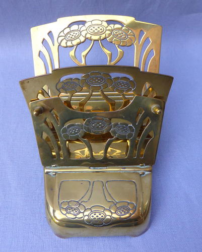German Jugendstil brass letter holder with inkwell