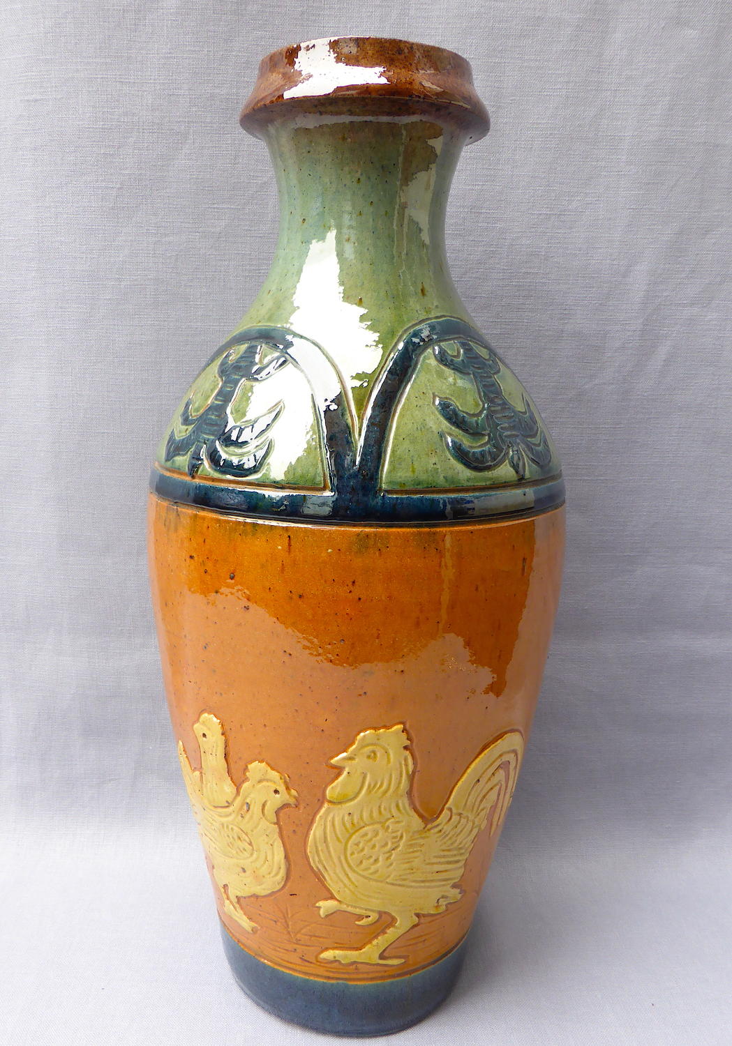 Belgian Blue art pottery faience cockerel vase