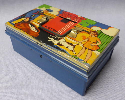 1930s Burnett Post Early tinplate money box