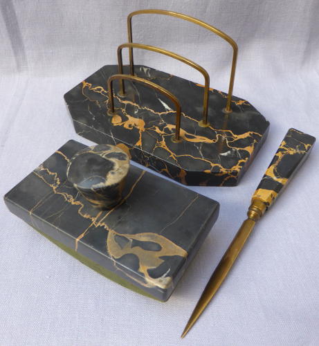 Art Deco Portoro marble desk set