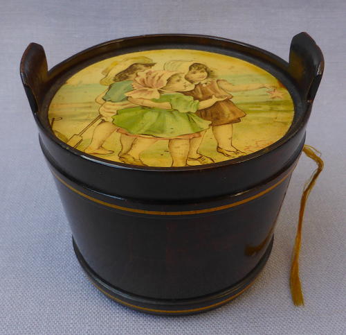 19thC novelty pail shaped Mauchline thread holder