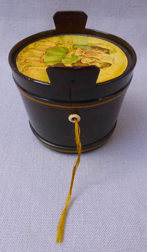19thC novelty pail shaped Mauchline thread holder