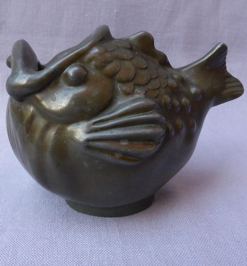 1930s Just Andersen patinated metal fish vessel