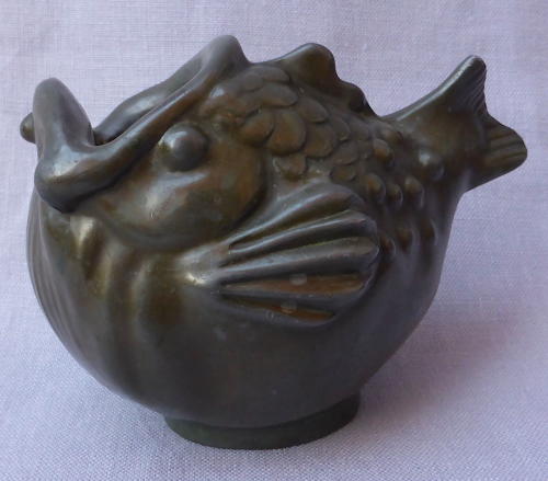 1930s Just Andersen patinated metal fish vessel