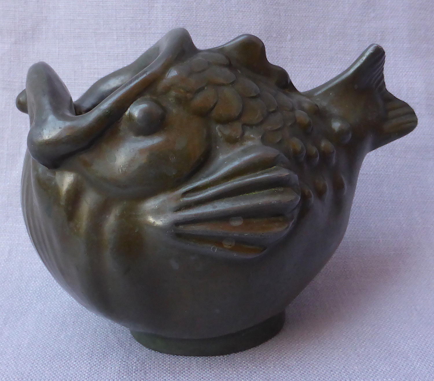 1930s Just Andersen patinated metal fish vessel