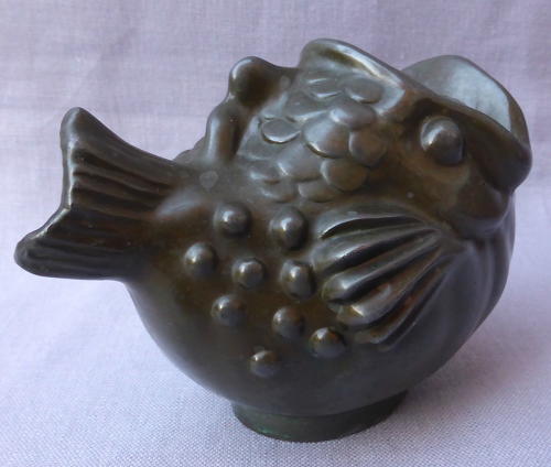 1930s Just Andersen patinated metal fish vessel