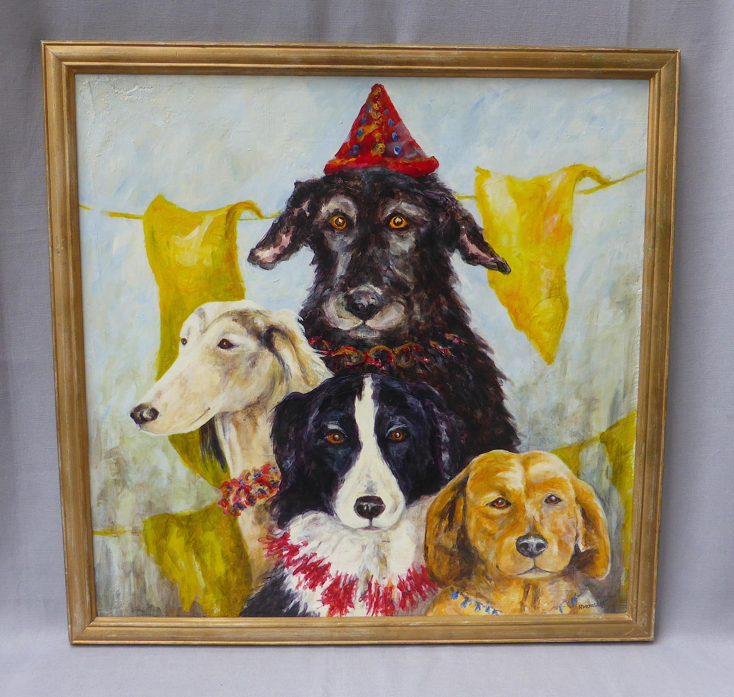 Framed party dogs collograph by Judith Harrison