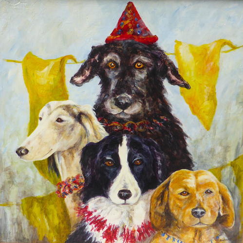 Framed party dogs collograph by Judith Harrison