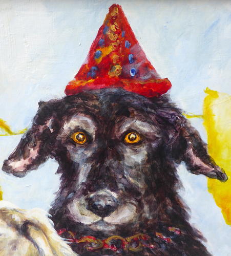 Framed party dogs collograph by Judith Harrison
