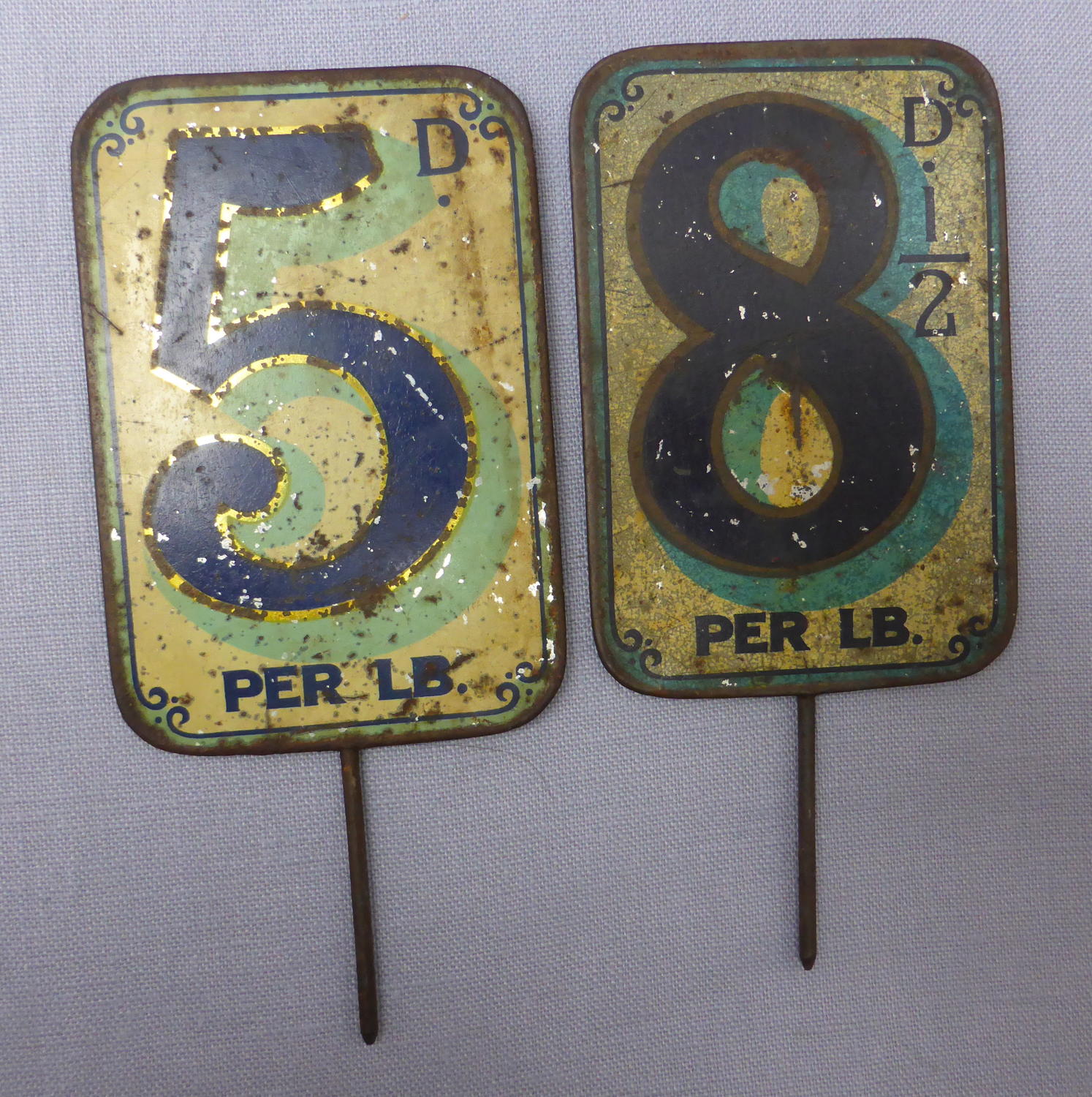 Pair of Edwardian tin grocery shop price labels