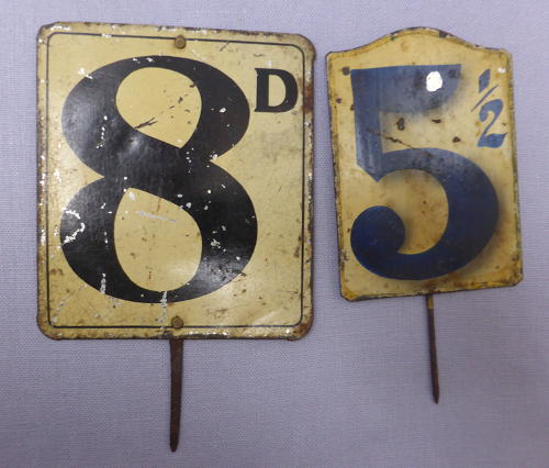 Pair of Edwardian tin grocery shop price labels
