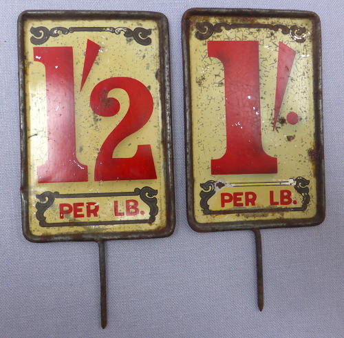 Pair of Edwardian tin grocery shop price labels