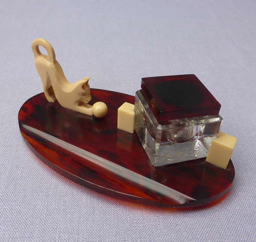 1930s French Cat & Ball Inkwell & Pen Rest