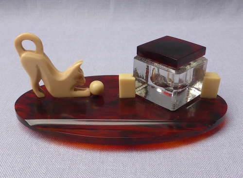 1930s French Cat & Ball Inkwell & Pen Rest