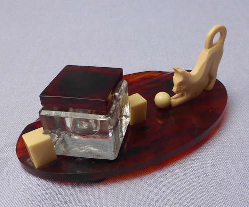 1930s French Cat & Ball Inkwell & Pen Rest