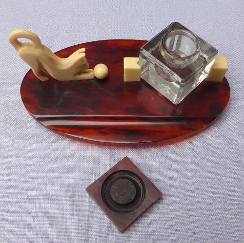 1930s French Cat & Ball Inkwell & Pen Rest