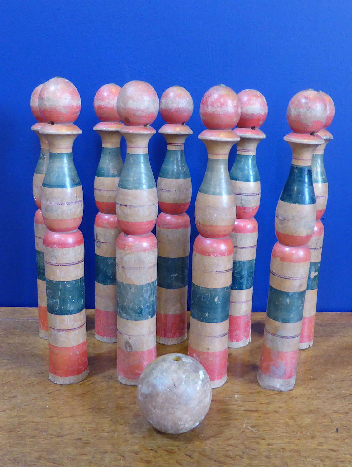 Early 20thC Set of Large French Wooden Skittles