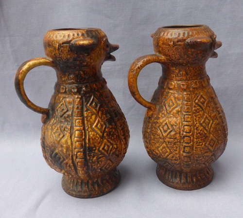Unusual Pair of 1970s Jasba Aztec Animal Jugs