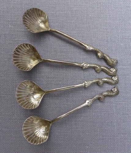 Set of 4 Dolphin & Shell Open Salts with Spoons