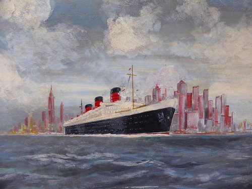 Oil Painting of RMS Queen Mary in New York 1957