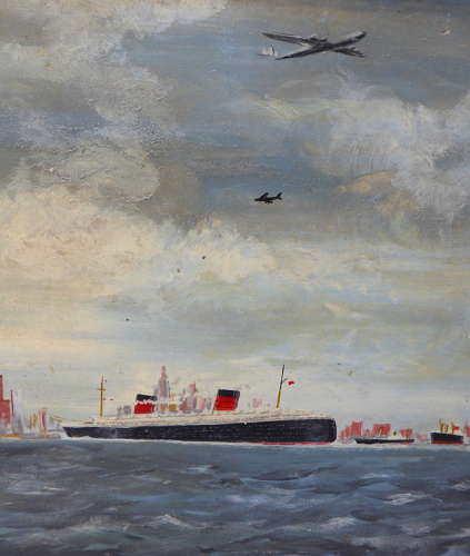 Oil Painting of RMS Queen Mary in New York 1957