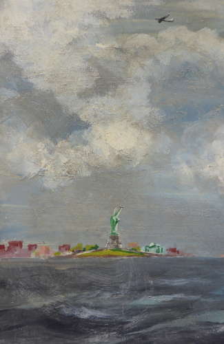 Oil Painting of RMS Queen Mary in New York 1957