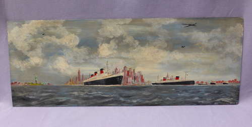 Oil Painting of RMS Queen Mary in New York 1957