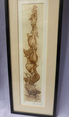 Framed goose etching by Anna Ravenscroft