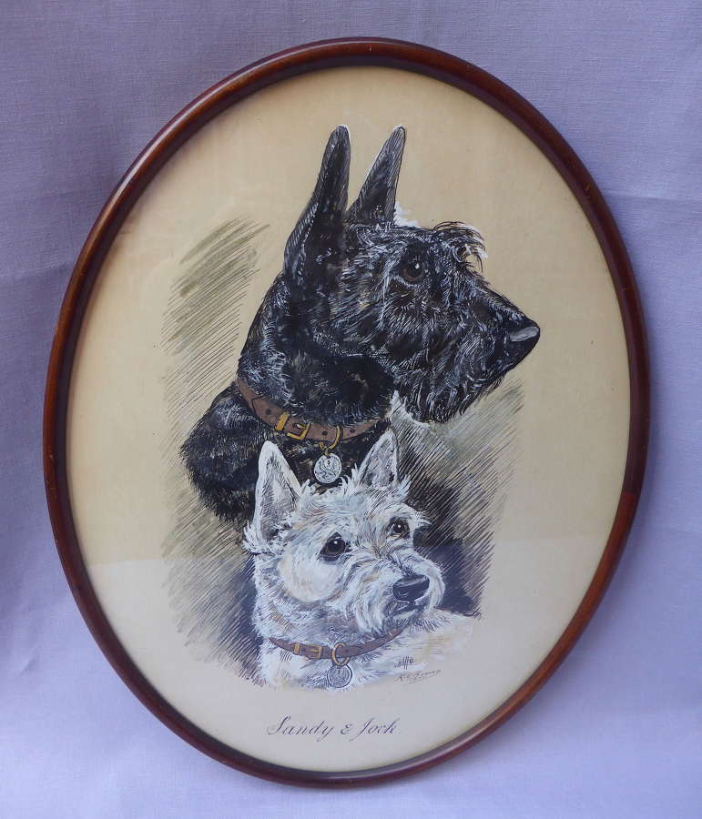 Signed Pen & Ink Drawing of Scottie Dogs by K C Brown