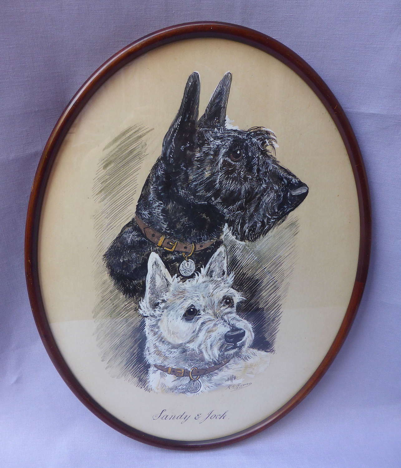 Signed Pen & Ink Drawing of Scottie Dogs by K C Brown