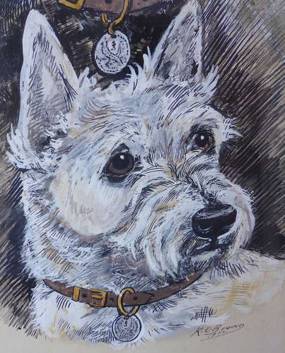 Signed Pen & Ink Drawing of Scottie Dogs by K C Brown
