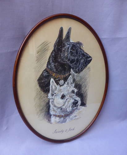 Signed Pen & Ink Drawing of Scottie Dogs by K C Brown