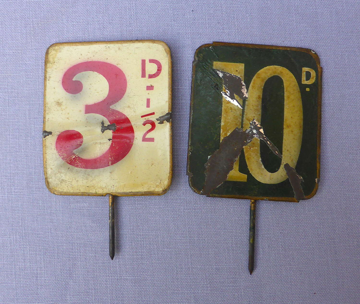 Pair of Edwardian tin grocery shop price labels