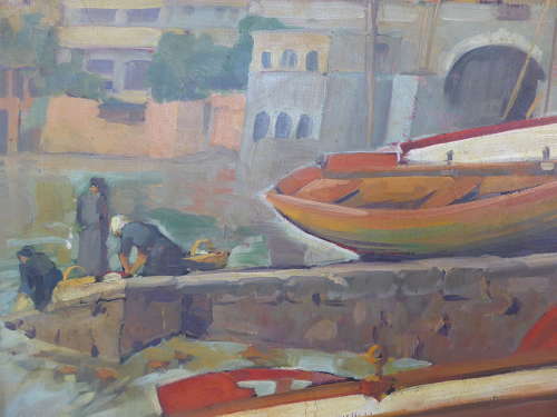 Post Impressionist Painting of a Quay with Boats