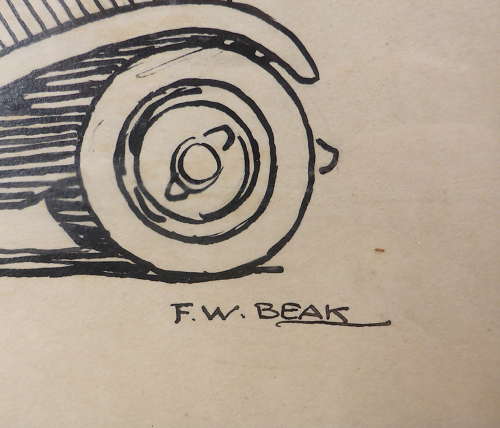 Original 1930s Racing Car Drawing by F W Beak
